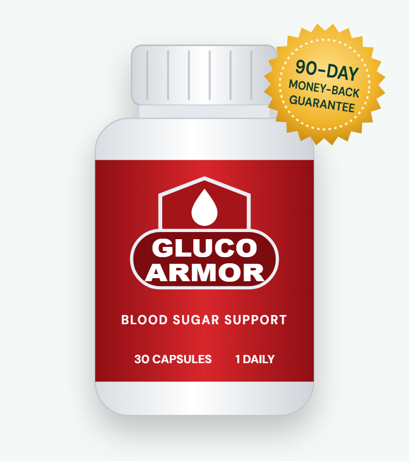 Gluco Armor blood sugar support supplement bottle with 90-day money-back guarantee